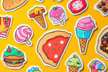 Playful food stickers featuring colorful pizza slices and other sweet treats arranged on a bright yellow background. Generative AI