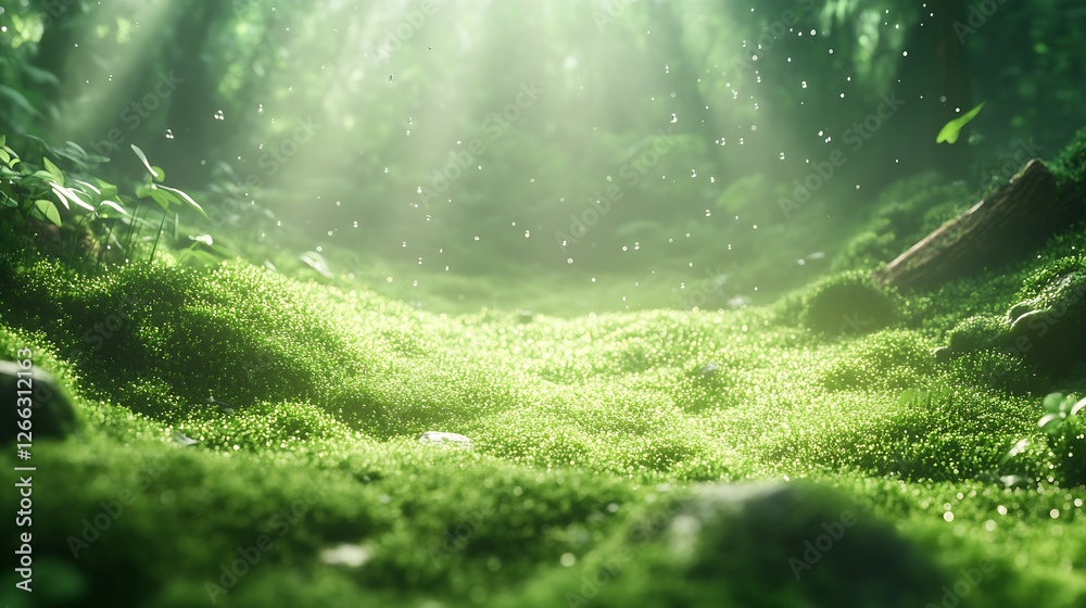 Poster Mystical Forest Floor with Lush Green Moss and Sunlight Rays Breaking Through the Trees : Generative AI