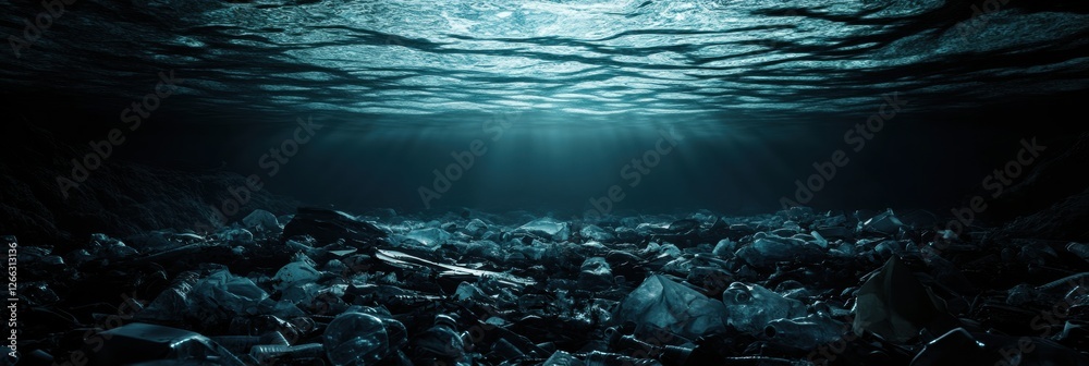 Poster floating plastic waste in the ocean highlights environmental pollution and the need for action again