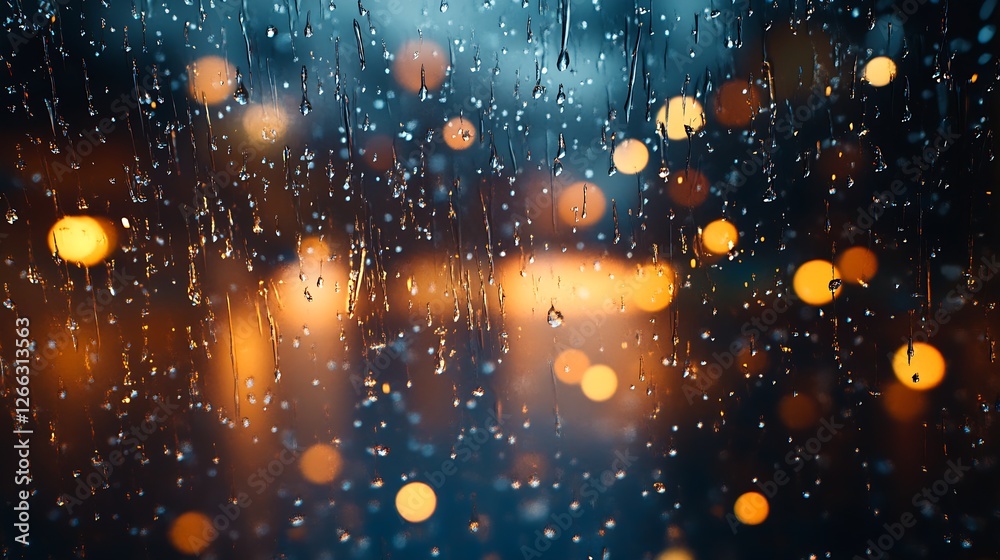 Fototapete Rain droplets on a window create a captivating view of city lights shining through the blurred glass : Generative AI