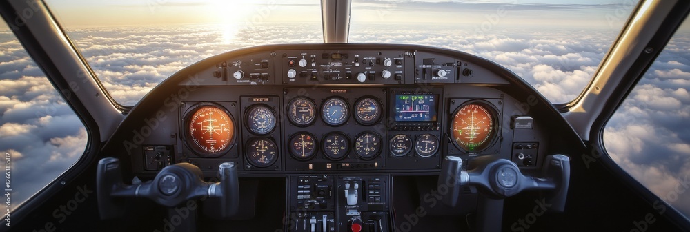 Poster Pilots view from the cockpit with instruments and clouds during a sunset flight high above the horizon. Generative AI