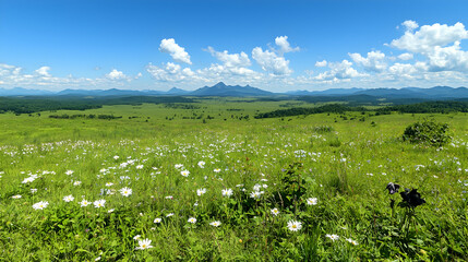 Mountainous landscape, wildflowers, sunny day, travel postcard