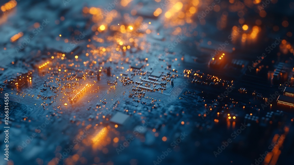 Poster close-up view of a glowing modern circuit board showcasing intricate details and vibrant lighting ef