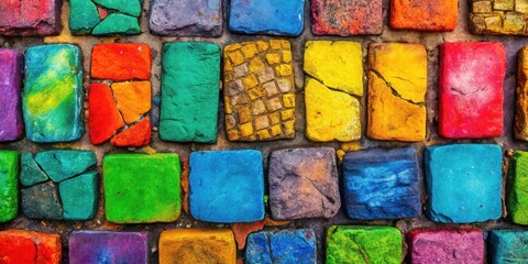 Vibrant Multicolored Stone Pavement Texture A Detailed Close-Up View of Irregularly Shaped, Vividly Painted Stones Forming a Striking Mosaic Pattern