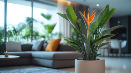 Fototapeta premium Bird of Paradise Plant in Gray Pot in Modern Living Room