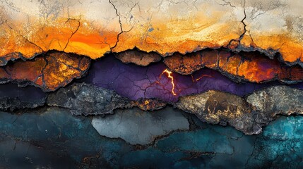 Abstract layered texture with vibrant, cracked earth tones. Ideal for designs needing a powerful, earthy aesthetic.