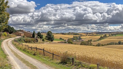Winding country road through golden wheat fields, charming houses nestled in hills under dramatic sky