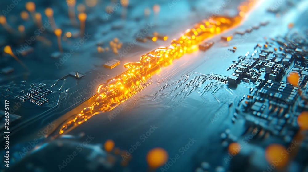 Poster Dynamic illustration of electronic circuit board with illuminated pathways and patterns : Generative AI