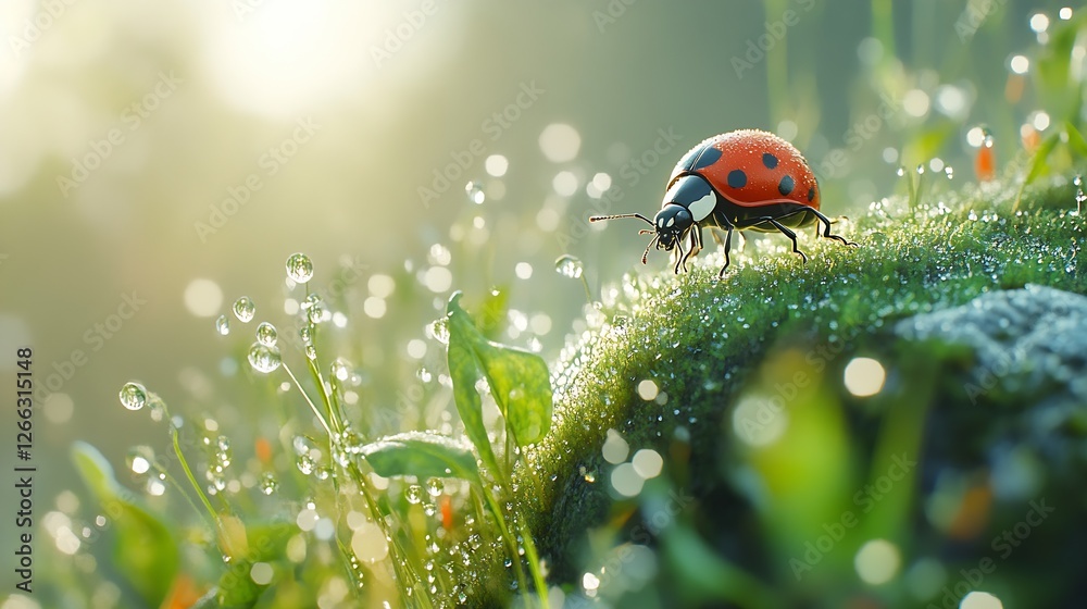 Poster elegant ladybug crawling on soft moss and green grass surrounded by morning dew : generative ai