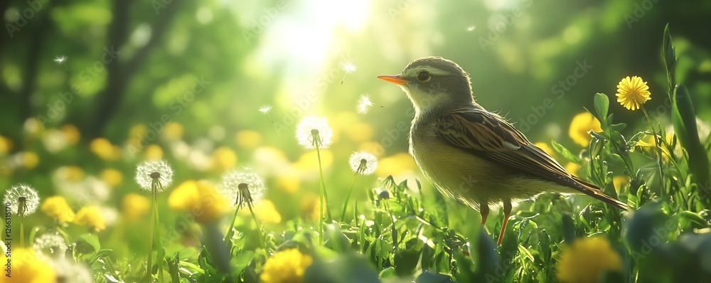 Poster vibrant bird in a sunlit flower field surrounded by cheerful dandelions and greenery : generative ai