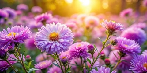 Obraz premium A field of vibrant purple blossoms bathed in the warm glow of the setting sun, showcasing delicate petals and a captivating natural beauty