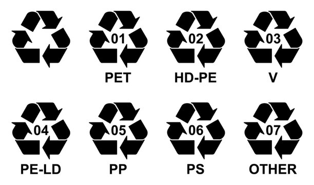 Set of plastic recycling code symbol icon set. Set of plastic recycling code symbol icon PET, PE-HD, V, PE-LD, PP, PS, O. Plastic recycling code 01-07 icon set. plastic, recycle, vector, icon.