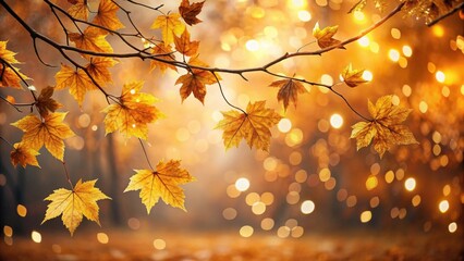Fototapeta premium Autumnal Branch with Golden Leaves Illuminated by Soft Light and Bokeh Background