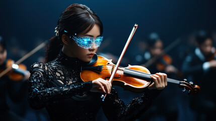 Fototapeta premium A young woman plays the violin passionately, wearing stylish glasses, surrounded by a group of musicians in a dramatic, dimly lit atmosphere.