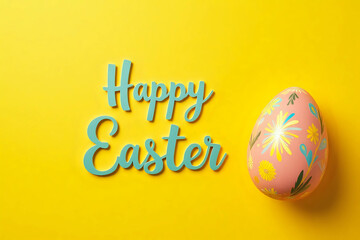 top view of greeting card with happy Easter lettering and painted egg on yellow colorful background