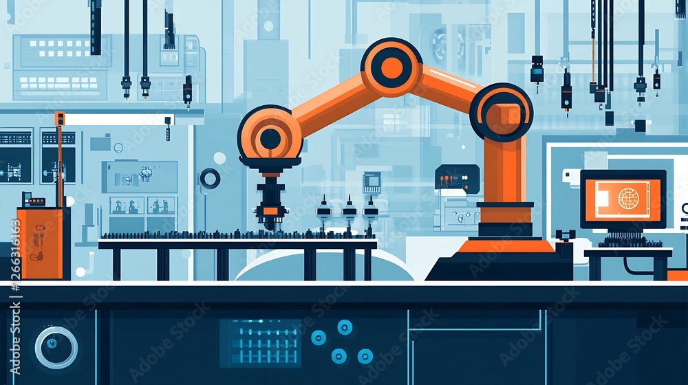 Aufkleber Futuristic robotic arm in a high-tech manufacturing environment with advanced machinery and controls : Generative AI