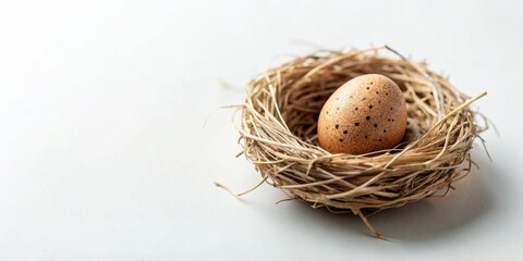 Obraz premium A speckled bird egg nestled in a delicate woven nest, resting on a light surface