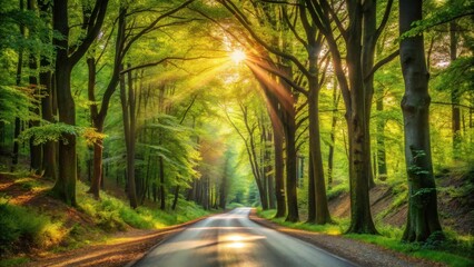 Sunlit Pathway Through Lush Green Canopy of Trees Leading to a Serene Destination