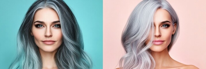 Obraz premium Transformation from gray hair to vibrant dyed hair showcases stunning hair artistry in a side by side effect. Generative AI