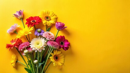 Obraz premium Vibrant floral arrangement featuring a delightful mix of colorful blossoms against a sunny yellow backdrop, perfect for celebratory occasions or adding a touch of spring to your designs.
