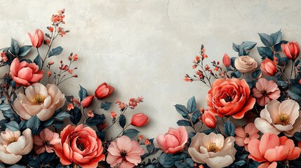 Vibrant floral arrangement featuring peonies and blossoms against a textured light background