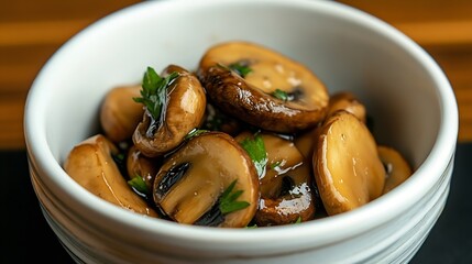 Freshly cooked mushrooms garnished with parsley served in a chic bowl for a delightful dish : Generative AI