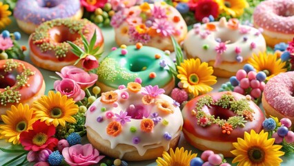 A delightful arrangement of colorful, flower-decorated donuts nestled amongst vibrant blossoms and miniature candies.