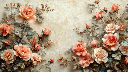 Beautiful floral arrangement with soft peach roses and green leaves against a textured background