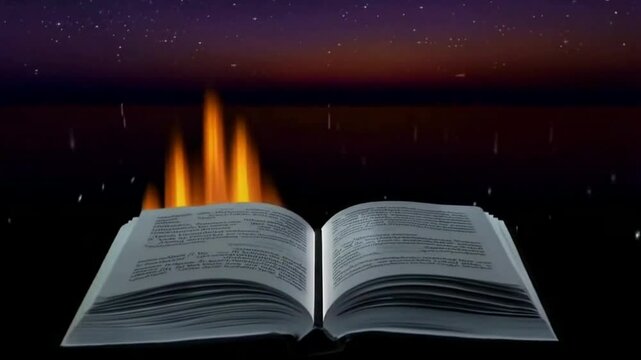 magic book and magic light Biblia abierta fuego y cielo hd 4k video clip