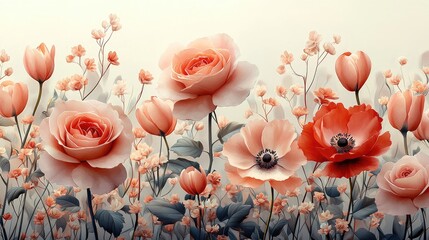 A vibrant floral arrangement featuring various roses and anemones in soft pastel hues