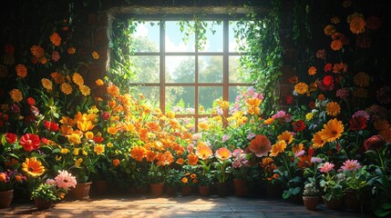 Vibrant indoor garden filled with colorful flowers, sunlight streaming through a window