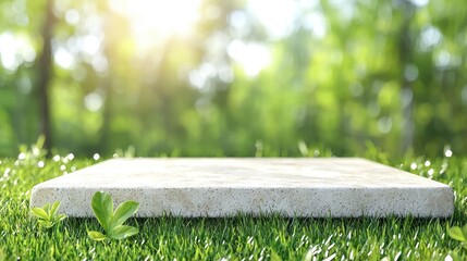 Stone platform in lush green grass, sunny forest background; product display