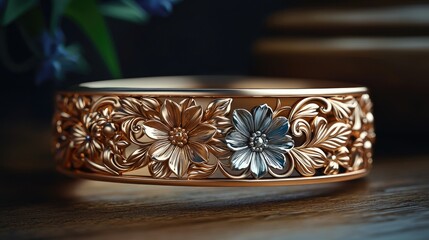 Ornate floral bracelet showcasing intricate metalwork, placed on a wooden surface with greenery