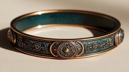 Ornate decorative bangle with intricate designs resting on a smooth surface, showcasing craftsmanship