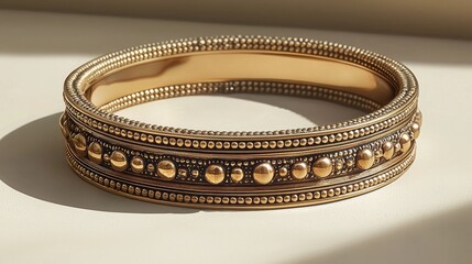 Elegant golden bracelet with intricate bead detailing, softly illuminated by natural light