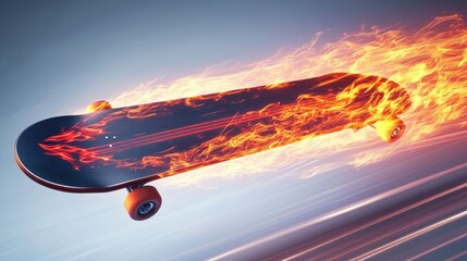 Fiery skateboard speeding, motion blur background, extreme sports