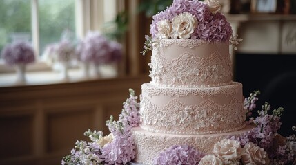 Elegant three-tier wedding cake adorned with delicate flowers in a charming indoor setting