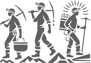 Three miners walking in mountains.