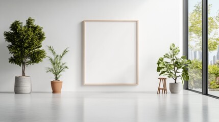 Wide angle minimalist art display in bright contemporary space