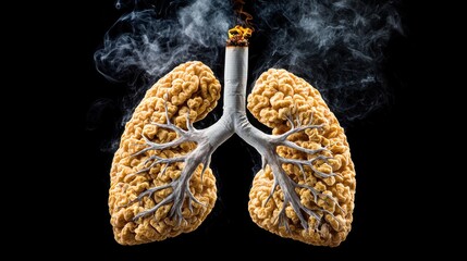 A surreal image depicting a pair of lungs resembling a brain, symbolizing the connection between mental and respiratory health, surrounded by smoke.