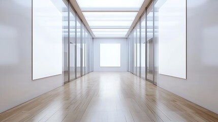 Obraz premium Modern Gallery Interior: Empty White Walls and Polished Wooden Floor