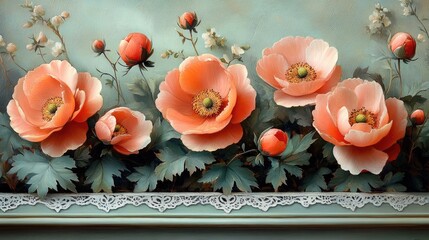 Elegant arrangement of blooming coral flowers with delicate leaves against a soft blue background