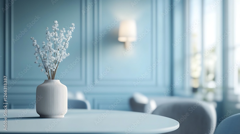 Poster Sophisticated Dining Area with White Ribbed Vase and Soft Focused Decor Emphasizing Calm Environment : Generative AI