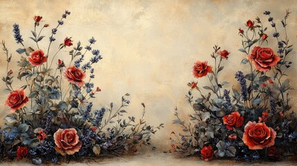 Beautiful floral arrangement featuring vibrant red roses and delicate blue flowers against a textured background