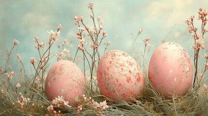 Three beautifully decorated pink Easter eggs nestled among delicate spring flowers and soft grass