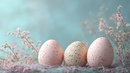 Three pastel-colored speckled eggs arranged harmoniously among delicate pink flowers in a serene setting