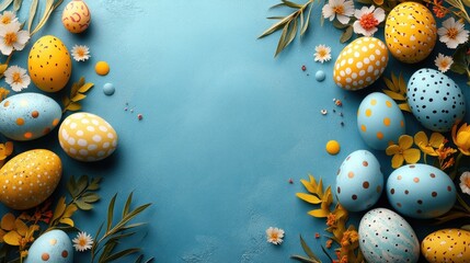 Colorful Easter eggs surrounded by flowers and leaves on a vibrant blue background
