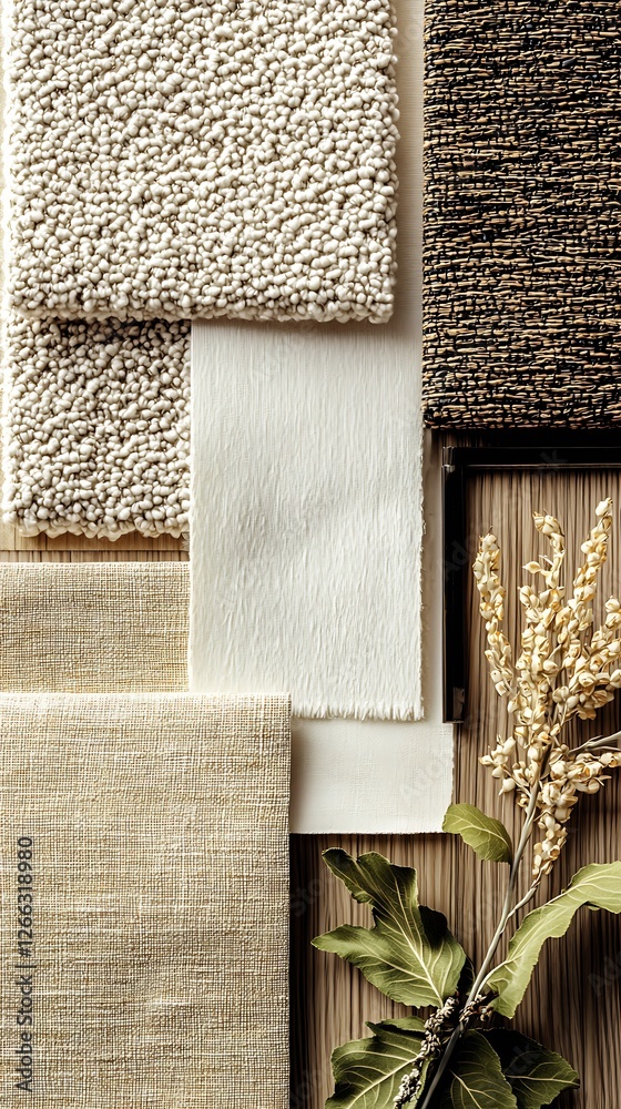 Poster Artfully arranged fabric samples in soft neutrals and textures complemented by greenery for design inspiration : Generative AI