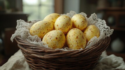 A rustic basket filled with speckled yellow eggs, set in a cozy, sunlit room with wooden decor