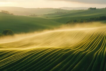 Obraz premium Rolling green hills bathed in morning mist. Perfect for illustrating themes of nature, agriculture, and serenity.
